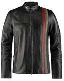 Mens X Black Vintage Racer Red & White Strip Motorcycle Biker Leather Jacket