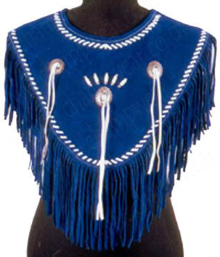Navy Blue Western Fringe Poncho with White Braided Trim and Conchos