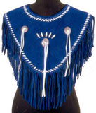 Navy Blue Western Fringe Poncho with White Braided Trim and Conchos