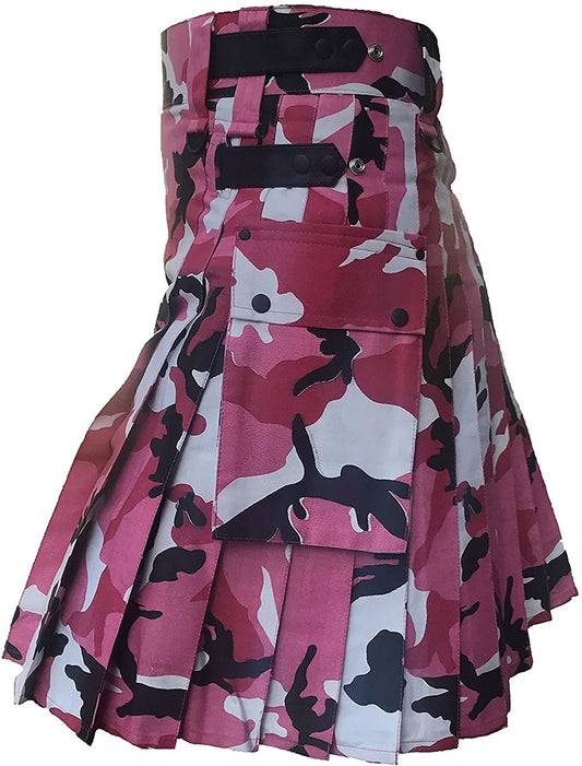Pink Camouflage Utility Kilt with Adjustable Leather Straps