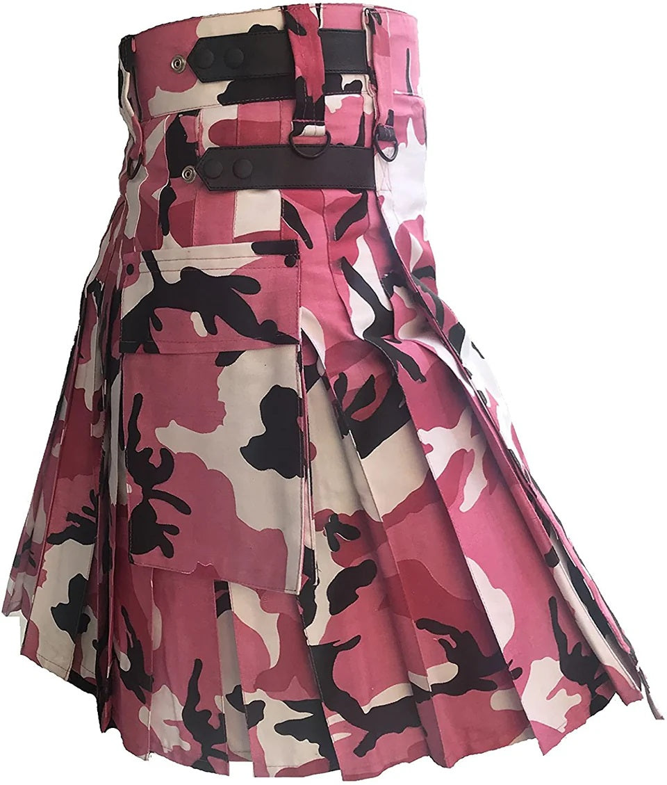 Pink Camouflage Utility Kilt with Adjustable Leather Straps