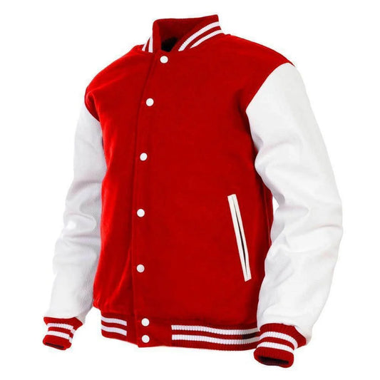 Red & White Varsity Letterman baseball jacket Wool Body & Leather Sleeves