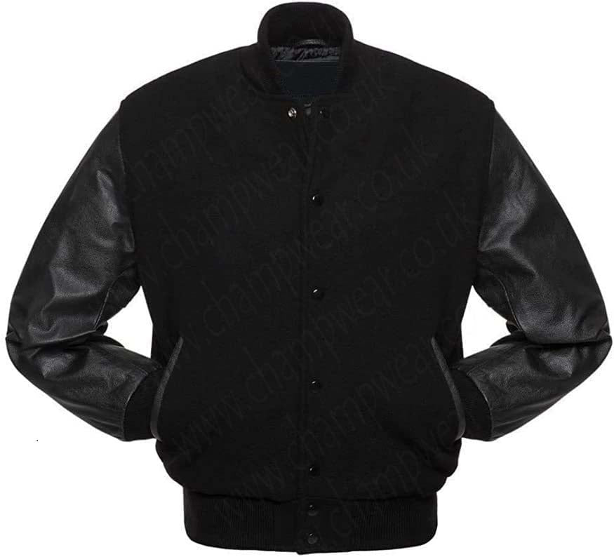 Solid Black Varsity Letterman Baseball Bomber Jacket Wool Cowhide Leather Sleeves