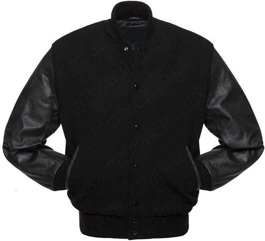 Solid Black Varsity Letterman Baseball Bomber Jacket Wool Cowhide Leather Sleeves