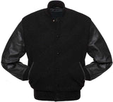Solid Black Varsity Letterman Baseball Bomber Jacket Wool Cowhide Leather Sleeves