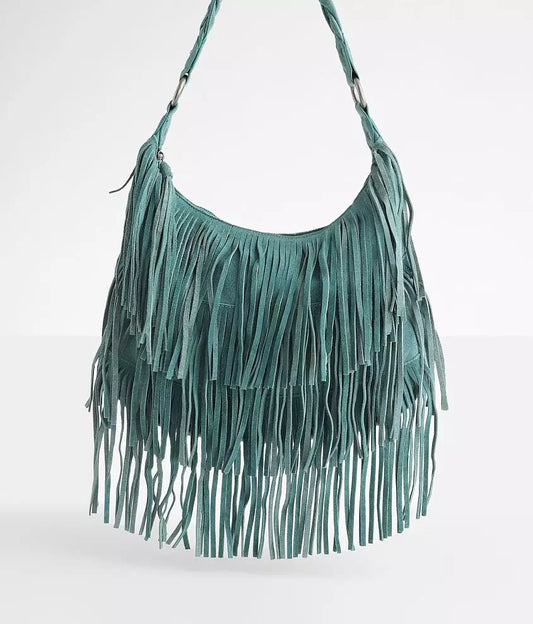 Teal suede fringe shoulder bag