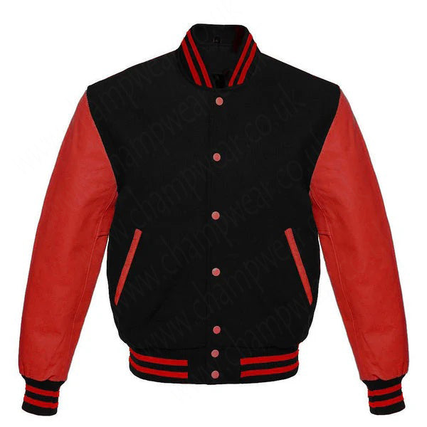 Varsity Letterman baseball jacket Wool Body & Leather Sleeves Black & Red Classic