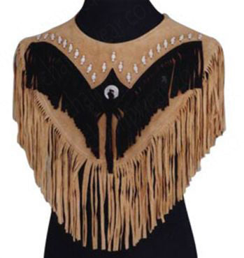 Western-Style Sand Suede Poncho with Fringe and Beaded Bone Detailing