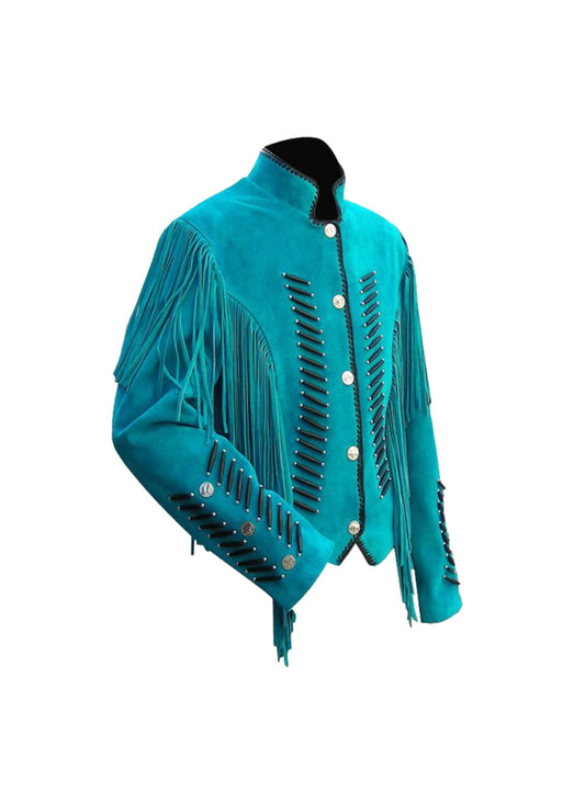 Western Ladies Fringed Leather Jacket Hand Braiding , Lacing and artificial black bones with Long Fringe