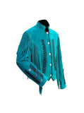 Western Ladies Fringed Leather Jacket Hand Braiding , Lacing and artificial black bones with Long Fringe