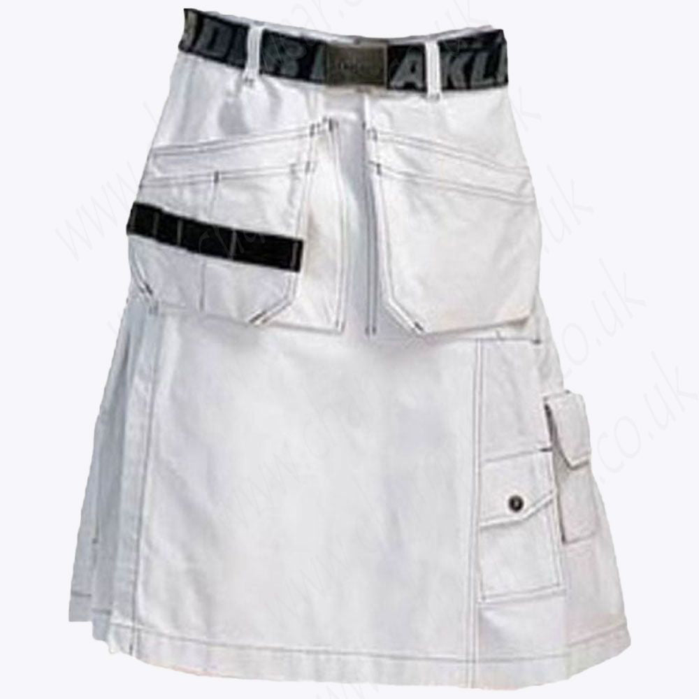 White Craftsman Utility Kilt – Heavy-Duty Cotton Workwear with Tool Pockets