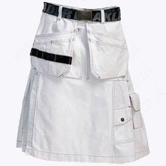 White Craftsman Utility Kilt – Heavy-Duty Cotton Workwear with Tool Pockets