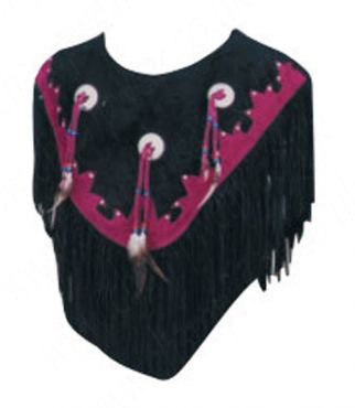 Women's Black Suede Western Poncho with Beaded Conchos and Fringe