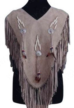Women's Brown Suede Poncho with Beaded Conchos and Full Fringe Detailing