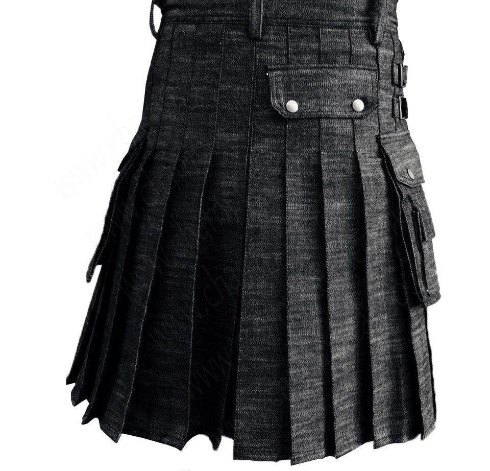 Black Denim Utility Kilt Flap Pockets Pleats deep sewn Double Stitching