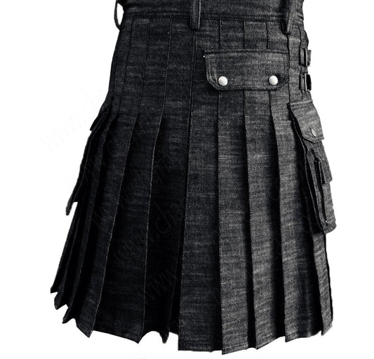 Black Denim Utility Kilt Flap Pockets Pleats deep sewn Double Stitching
