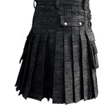 Black Denim Utility Kilt Flap Pockets Pleats deep sewn Double Stitching