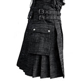 Black Denim Utility Kilt Flap Pockets Pleats deep sewn Double Stitching