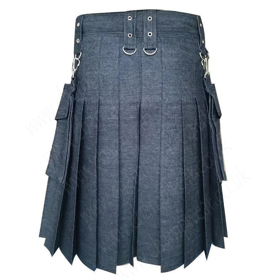Black Detachable Pocket Denim Utility Kilt
