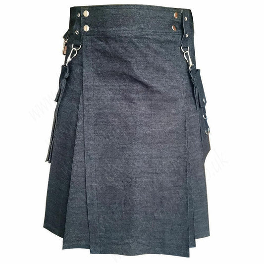 Black Detachable Pocket Denim Utility Kilt