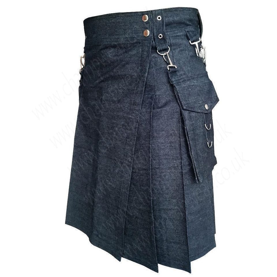 Black Detachable Pocket Denim Utility Kilt