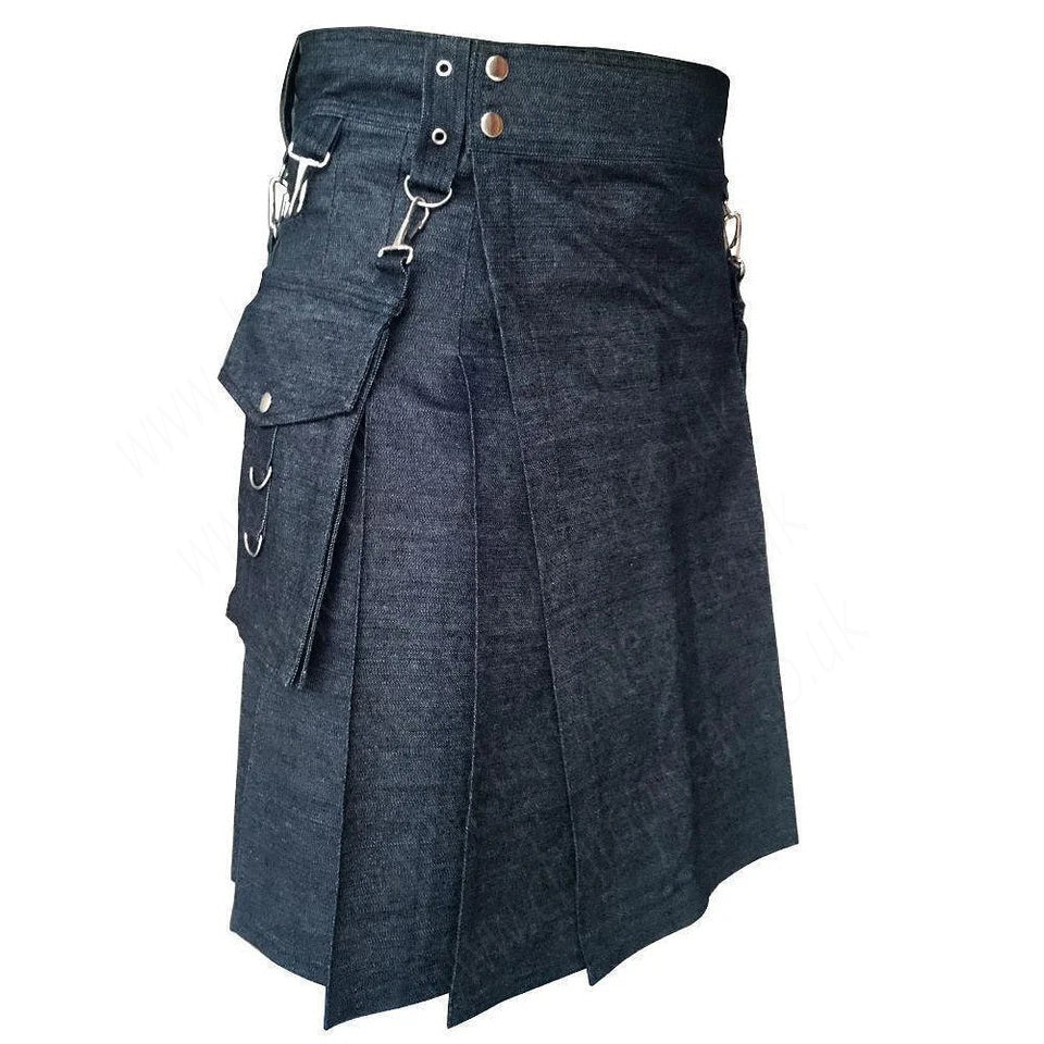 Black Detachable Pocket Denim Utility Kilt