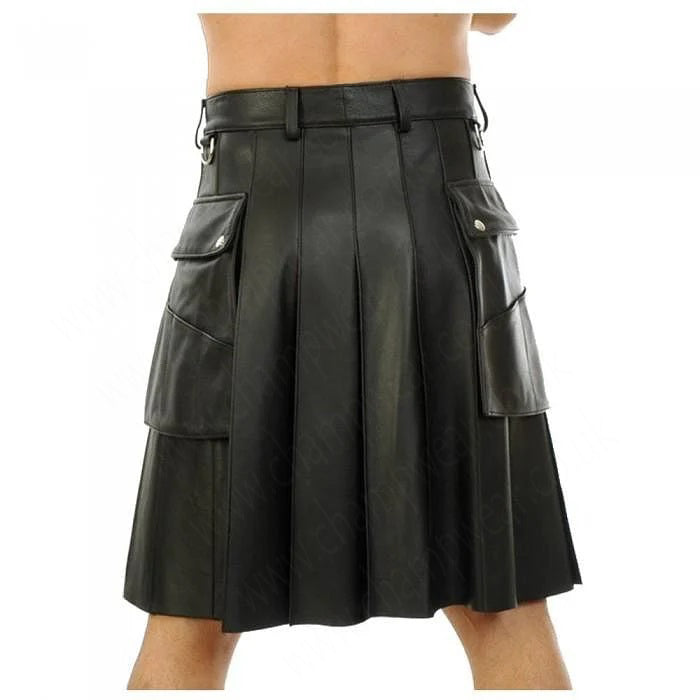 Black Genuine Leather Utility Leather Kilt Twin Pockets