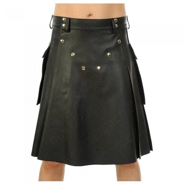 Black Genuine Leather Utility Leather Kilt Twin Pockets