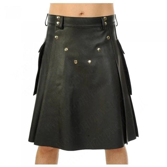 Black Genuine Leather Utility Leather Kilt Twin Pockets