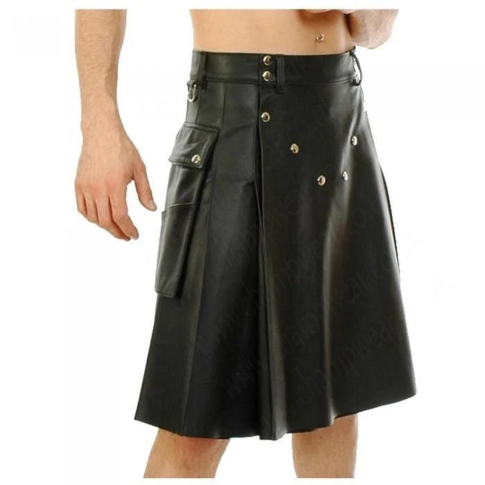 Black Genuine Leather Utility Leather Kilt Twin Pockets