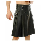 Black Genuine Leather Utility Leather Kilt Twin Pockets