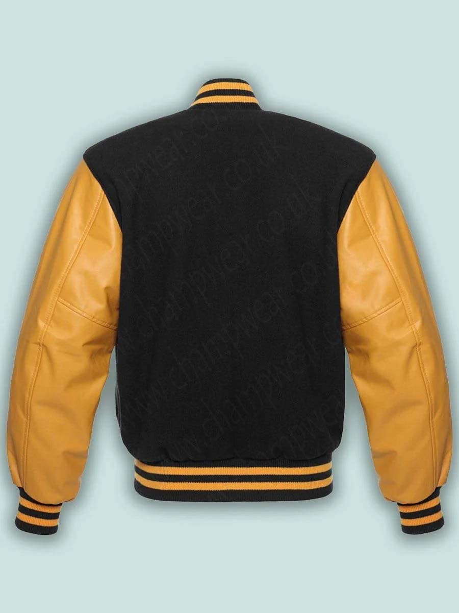 Black & Gold Varsity Letterman baseball jacket Wool Body & Leather Sleeves