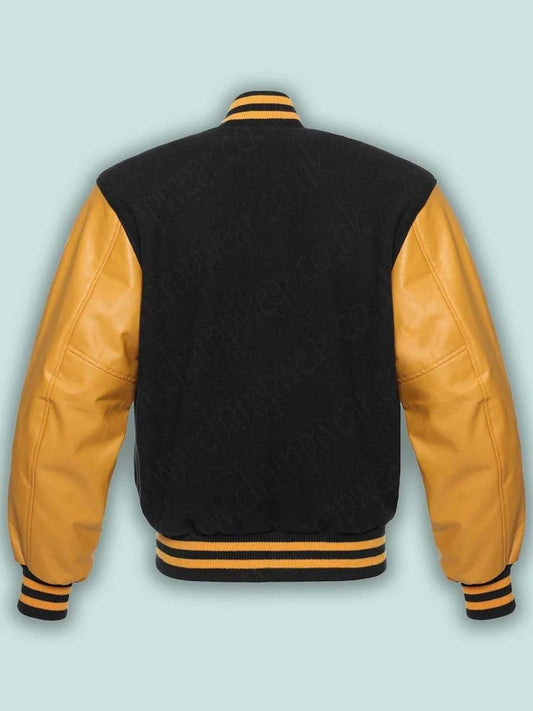 Black & Gold Varsity Letterman baseball jacket Wool Body & Leather Sleeves