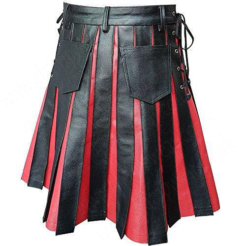 Black Red Leather Gladiator Pleated Utility Kilt Flat Front Pocket
