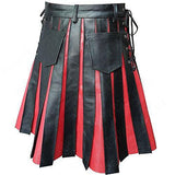 Black Red Leather Gladiator Pleated Utility Kilt Flat Front Pocket