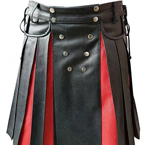Black Red Leather Gladiator Pleated Utility Kilt Flat Front Pocket