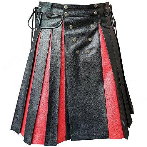 Black Red Leather Gladiator Pleated Utility Kilt Flat Front Pocket