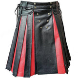 Black Red Leather Gladiator Pleated Utility Kilt Flat Front Pocket
