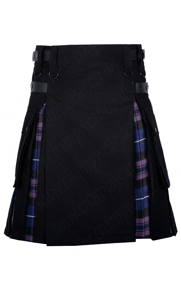 Black Cotton Pride Of Scotland Tartan Scottish Utility Cargo Hybrid Kilt