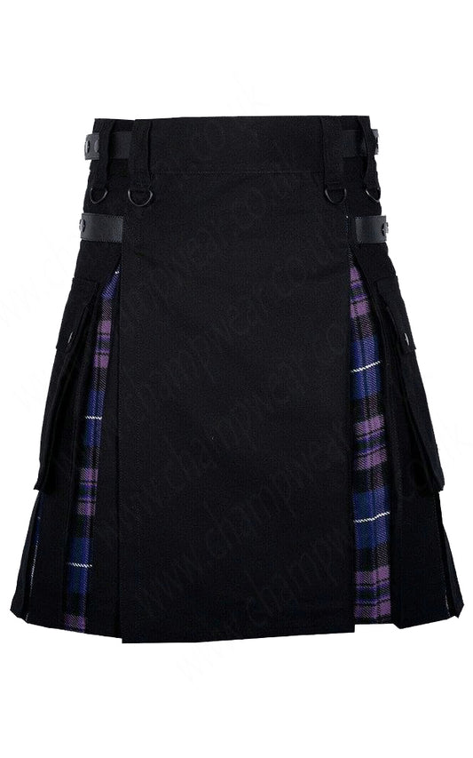 Black Cotton Pride Of Scotland Tartan Scottish Utility Cargo Hybrid Kilt
