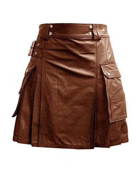 Brown Leather Kilt Flat Front Twin Cargo Pockets Cowhide Leather