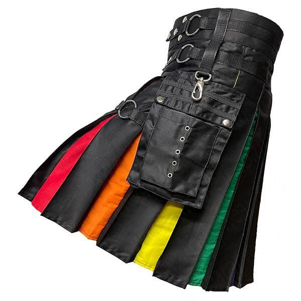 Mens Rainbow Hybrid Kilt Nylon Straps Black Cotton Scottish Utility
