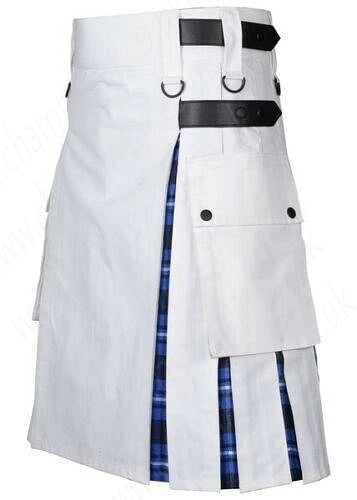 Mens White Cotton Utility Hybrid Kilt American Patriot Tartan