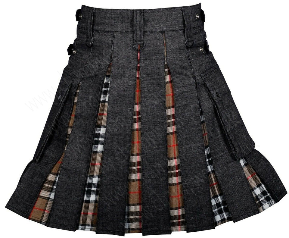Modern Hybrid Black Denim Campbell Of Thomson Tartan Kilt Handmade Hybrid Utility Kilt
