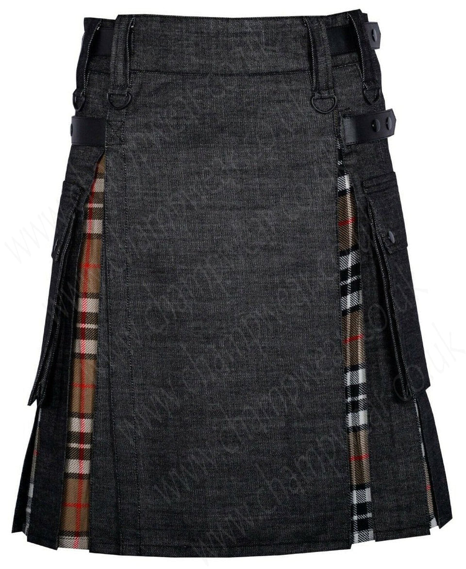 Modern Hybrid Black Denim Campbell Of Thomson Tartan Kilt Handmade Hybrid Utility Kilt