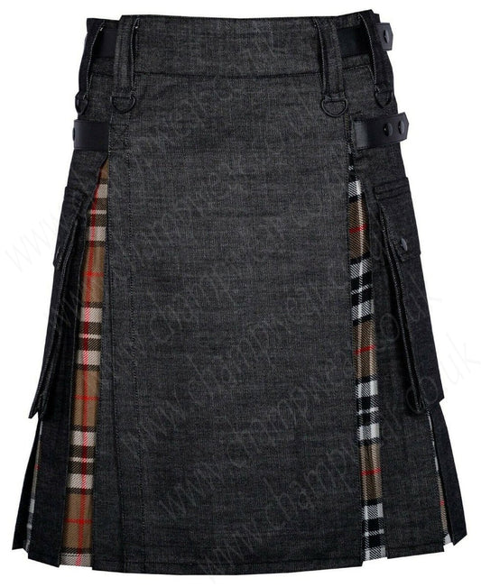 Modern Hybrid Black Denim Campbell Of Thomson Tartan Kilt Handmade Hybrid Utility Kilt
