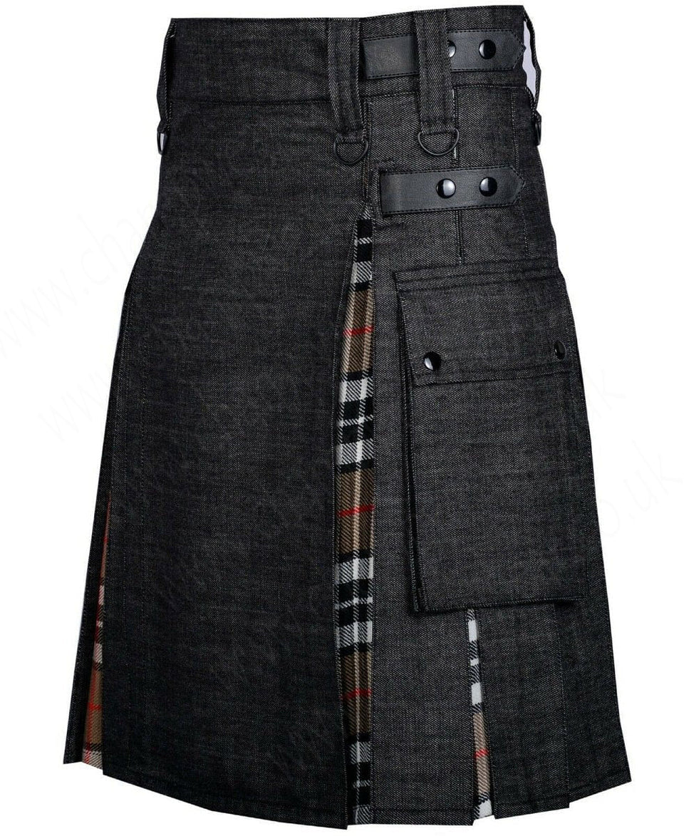 Modern Hybrid Black Denim Campbell Of Thomson Tartan Kilt Handmade Hybrid Utility Kilt