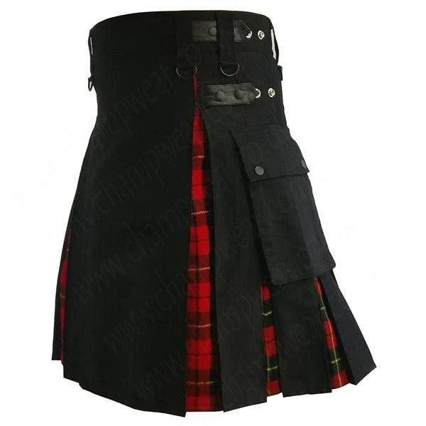 Modern Hybrid Wallace Tartan And Black Cotton Utility Kilt