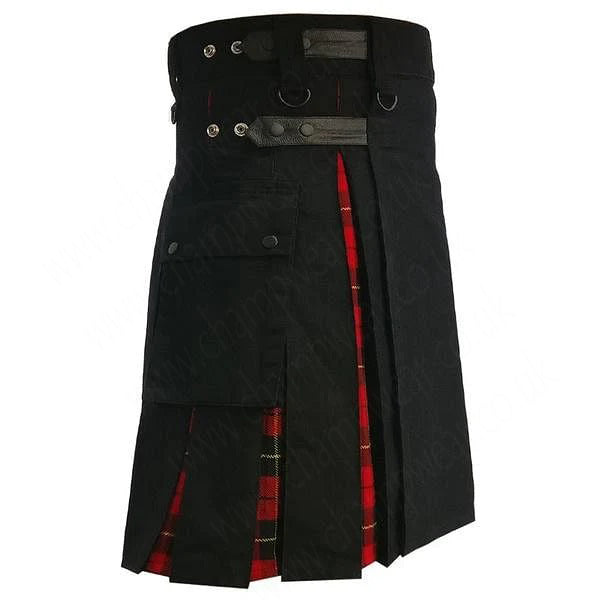 Modern Hybrid Wallace Tartan And Black Cotton Utility Kilt