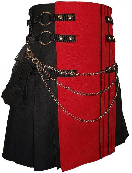 Red Black Canvas Cotton Fashion Utility Kilt